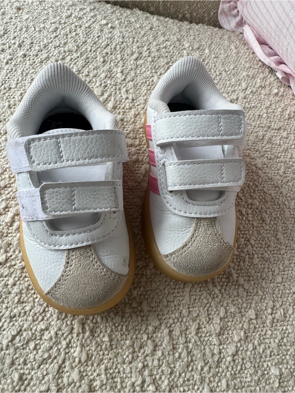 adidas White and Pink Baby Walker Sneakers with Gum Sole